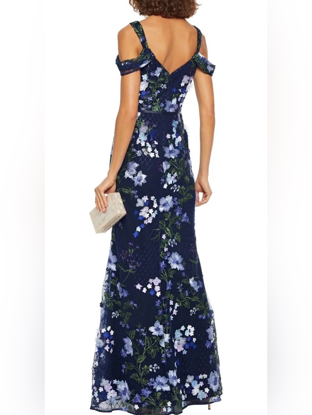 Marchesa Notte Navy Floral Appliqué Embroidered Off Shoulder Tulle Gown Dress 8 - Picture 3 of 9